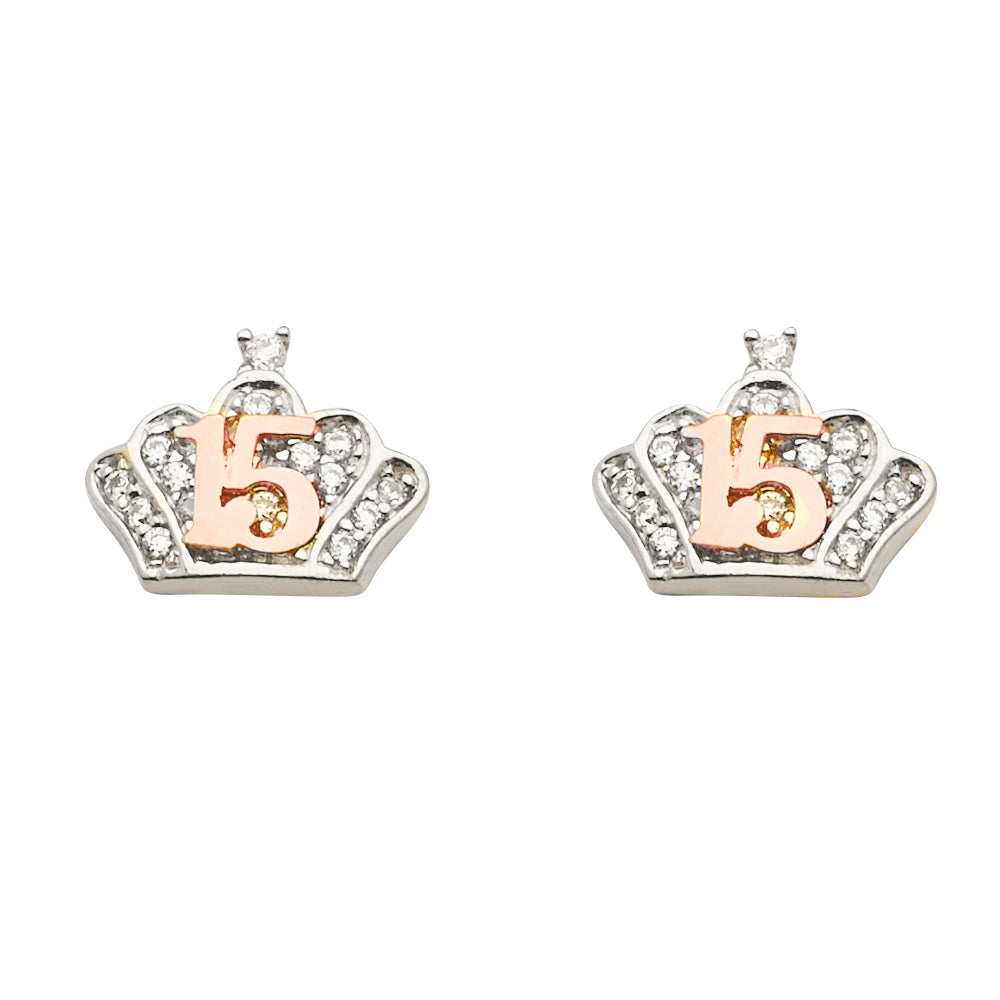 14KW 15 Years CZ Crown Earrings with Push Back