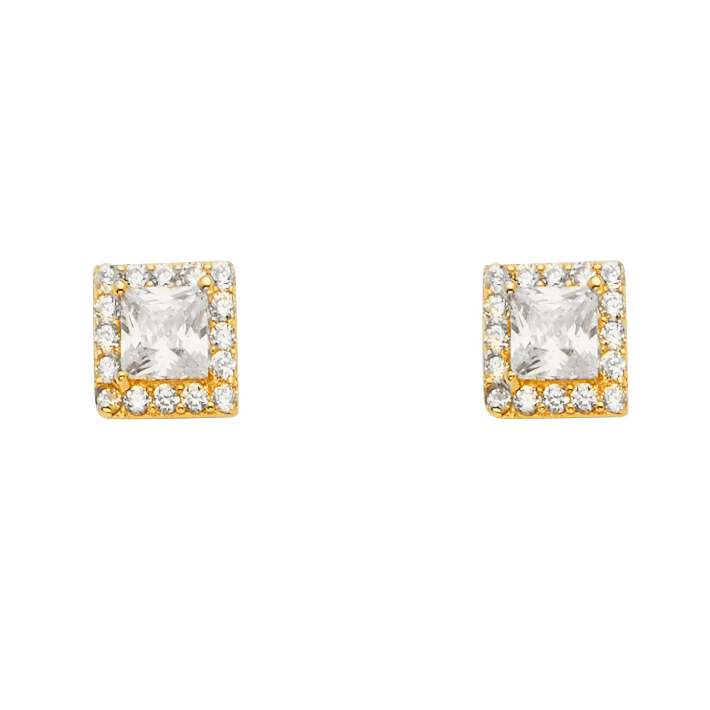 14KY Solitare Halo Square CZ Earrings with P Back