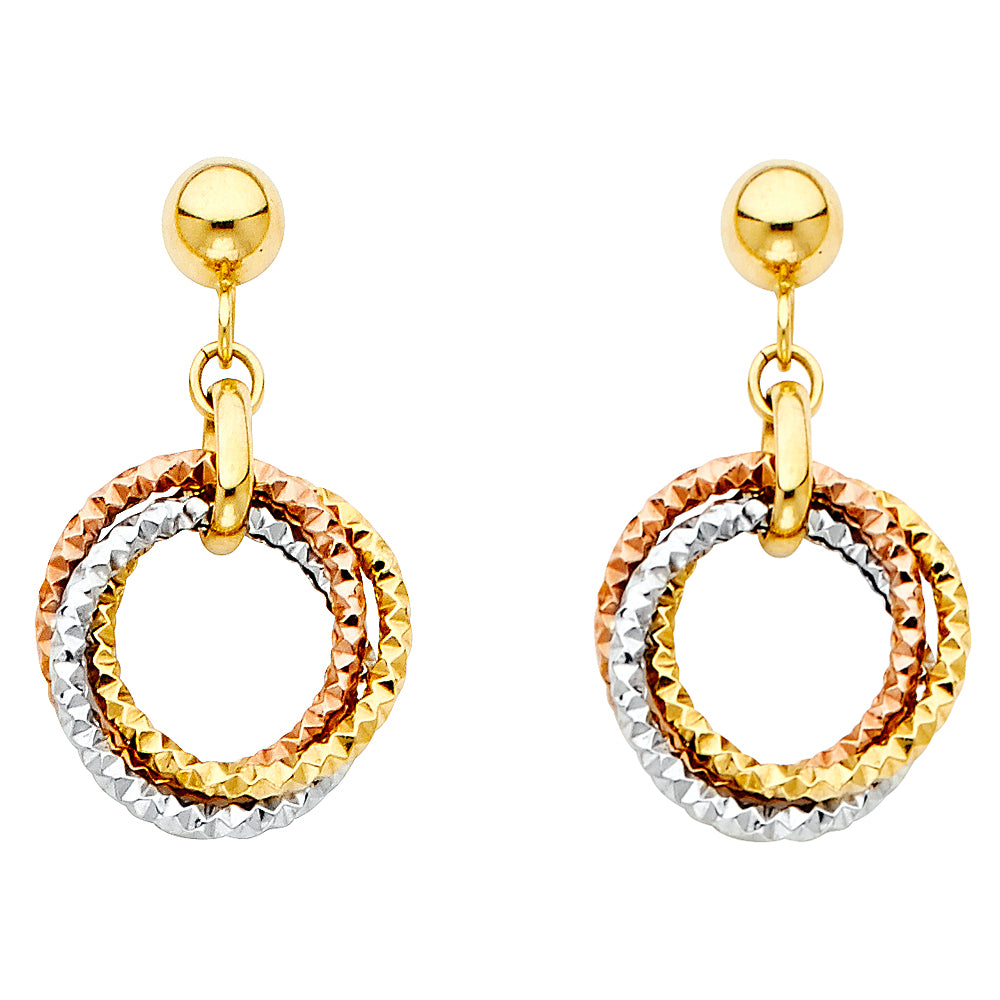 14K 3C Hanging 3 Ring Earrings