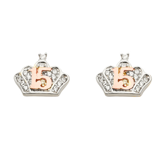14KW 15 Years CZ Crown Earrings with Push Back