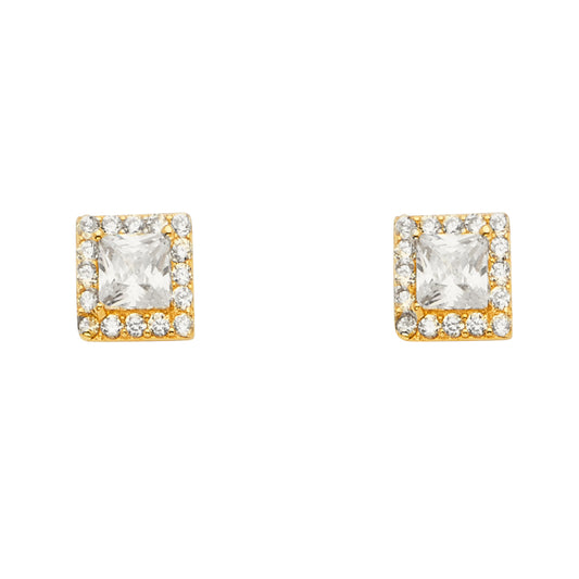 14KY Solitare Halo Square CZ Earrings with P Back
